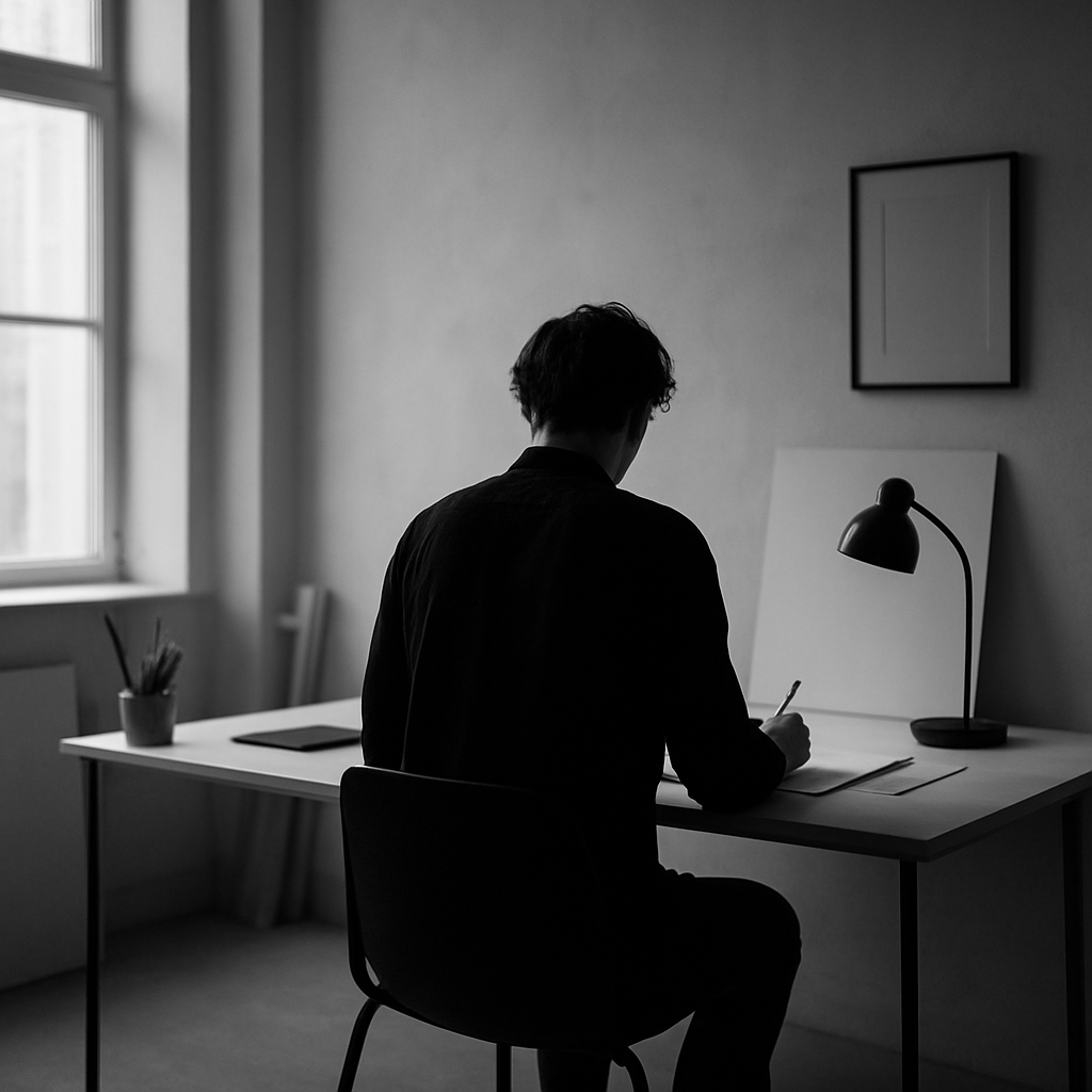 Minimalist creative studio workspace in black and white